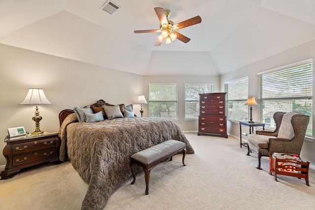 2907 Briona Wood Ln, Cedar Park, TX 78613 - bedroom featuring light carpet, a ceiling fan, vaulted ceiling, and a raised ceiling