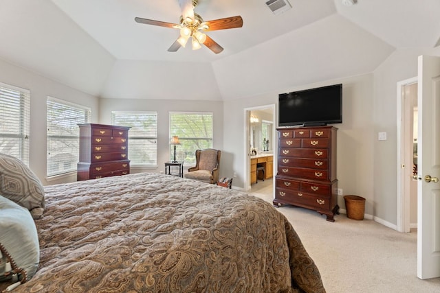 2907 Briona Wood Ln, Cedar Park, TX 78613 - bedroom with light carpet, lofted ceiling, and ceiling fan