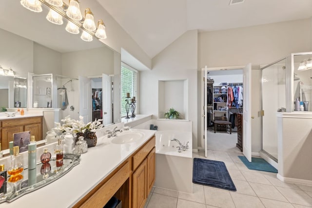 2907 Briona Wood Ln, Cedar Park, TX 78613 - full bathroom with a shower stall, a walk in closet, a garden tub, vanity, and lofted ceiling
