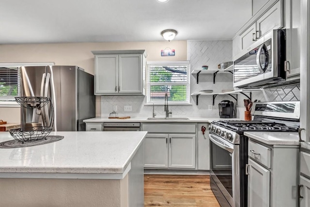 1701 Davis St, Taylor, TX 76574 - kitchen with appliances with stainless steel finishes, backsplash, gray cabinetry, and light wood-type flooring