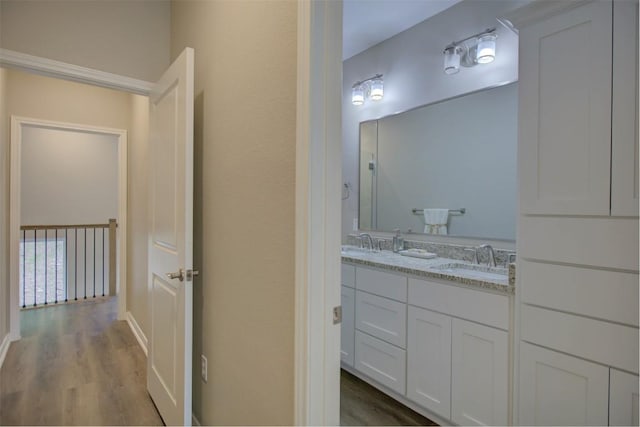 bathroom with double vanity, a sink, and wood finished floors