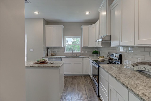 kitchen with white cabinetry, under cabinet range hood, a sink, backsplash, and stainless steel appliances