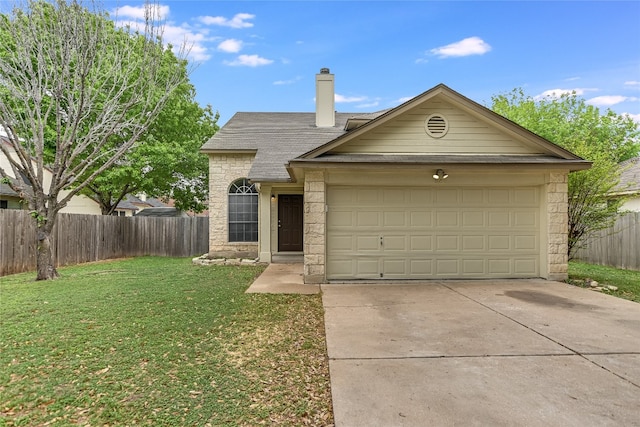 118 Dogwood Dr, Georgetown, TX 78626 - ranch-style house with driveway, a front yard, a chimney, fence, and a garage