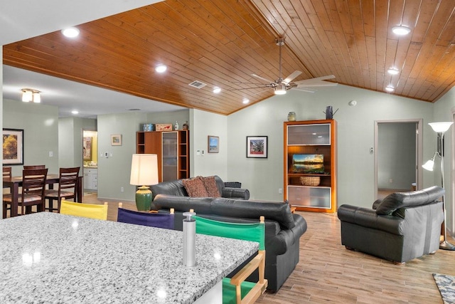 932 Scenic Loop, Kingsland, TX 78639 - living room featuring wood ceiling, vaulted ceiling, light wood-type flooring, ceiling fan, and recessed lighting