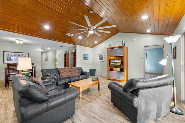 932 Scenic Loop, Kingsland, TX 78639 - living area with wood ceiling, vaulted ceiling, a ceiling fan, and light wood-type flooring