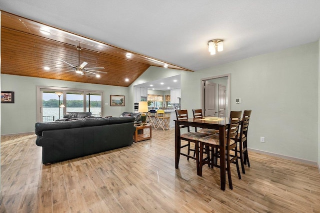 932 Scenic Loop, Kingsland, TX 78639 - dining space with light wood-style floors, ceiling fan, lofted ceiling, and recessed lighting
