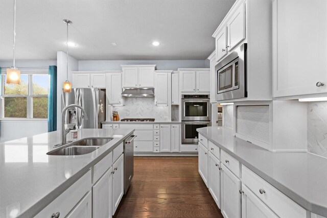 kitchen featuring tasteful backsplash, stainless steel appliances, decorative light fixtures, a sink, and white cabinetry