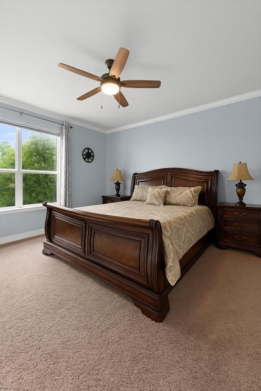 2015 Colina Cv, Cedar Park, TX 78613 - bedroom with light colored carpet, ornamental molding, and a ceiling fan