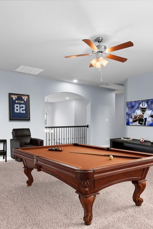 2015 Colina Cv, Cedar Park, TX 78613 - recreation room featuring pool table, carpet flooring, and ceiling fan