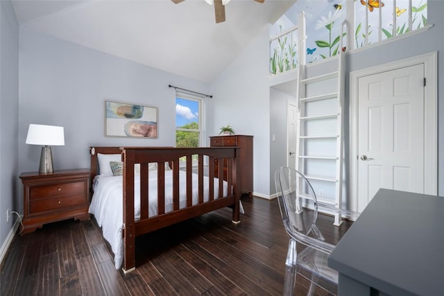 6605 Canon Wren Dr, Austin, TX 78746 - bedroom with high vaulted ceiling, baseboards, hardwood / wood-style floors, and a ceiling fan