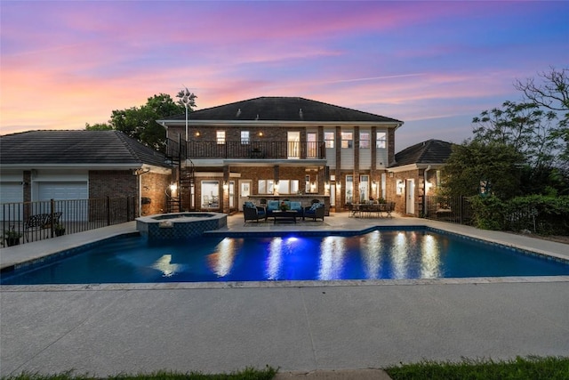 6605 Canon Wren Dr, Austin, TX 78746 - view of pool with an outdoor living space, a patio area, a pool with connected hot tub, stairs, and fence