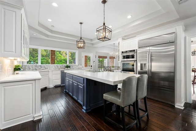 6605 Canon Wren Dr, Austin, TX 78746 - kitchen featuring stainless steel appliances, a tray ceiling, a chandelier, white cabinets, and recessed lighting