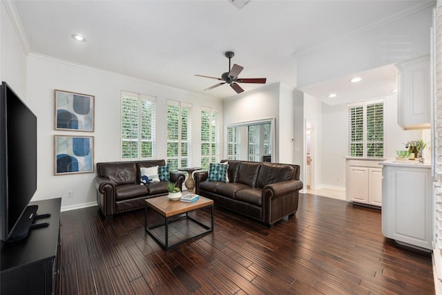 6605 Canon Wren Dr, Austin, TX 78746 - living area featuring a ceiling fan, baseboards, crown molding, healthy amount of natural light, and dark wood finished floors