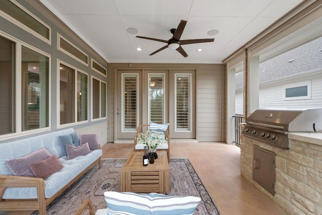 433 Chitalpa St, Leander, TX 78641 - sunroom featuring ceiling fan, an outdoor living space, and an outdoor kitchen