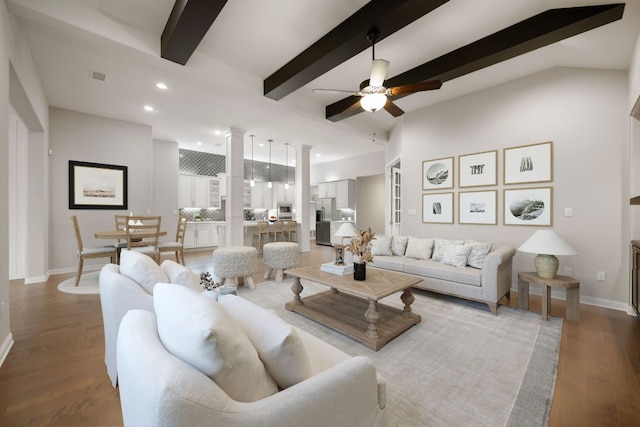433 Chitalpa St, Leander, TX 78641 - living room featuring ceiling fan, recessed lighting, baseboards, beam ceiling, and wood finished floors