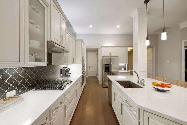 433 Chitalpa St, Leander, TX 78641 - kitchen featuring stainless steel appliances, a sink, under cabinet range hood, dark wood finished floors, and backsplash