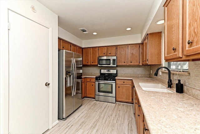5003 Wing Rd, Austin, TX 78749 - kitchen with appliances with stainless steel finishes, a sink, brown cabinetry, light countertops, and backsplash