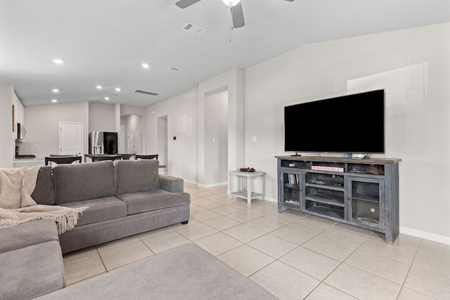13801 Rosebud Isle Dr, Manor, TX 78653 - living area with lofted ceiling, a ceiling fan, light tile patterned floors, recessed lighting, and baseboards
