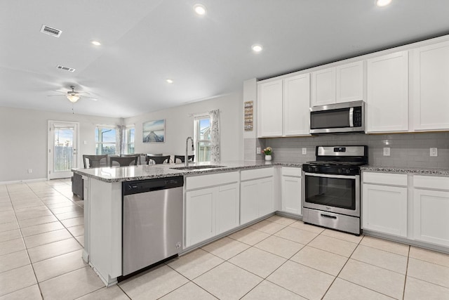 13801 Rosebud Isle Dr, Manor, TX 78653 - kitchen featuring appliances with stainless steel finishes, a sink, a peninsula, healthy amount of natural light, and recessed lighting