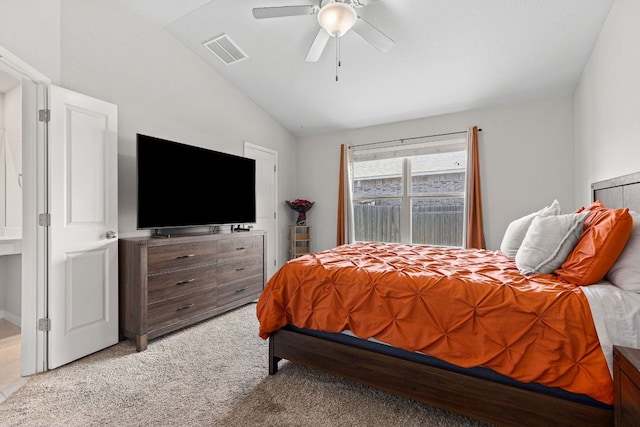 13801 Rosebud Isle Dr, Manor, TX 78653 - bedroom featuring vaulted ceiling, light carpet, and ceiling fan