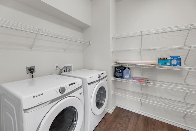 13605 Lyndon B Johnson St, Manor, TX 78653 - laundry area featuring separate washer and dryer and dark wood-type flooring