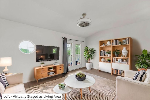 13605 Lyndon B Johnson St, Manor, TX 78653 - living room with vaulted ceiling, wood finished floors, french doors, and baseboards