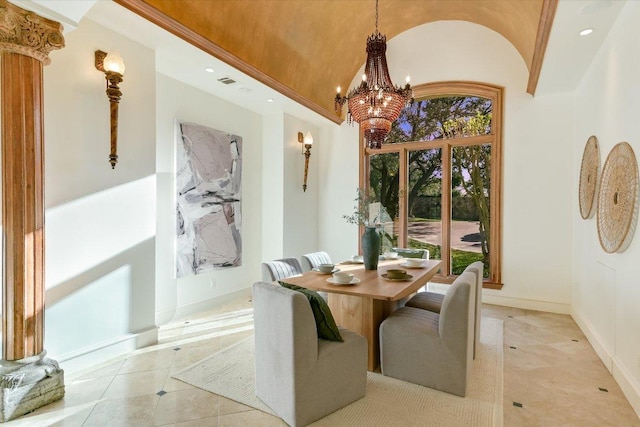 4646 Rockcliff Rd, Austin, TX 78746 - dining space featuring a chandelier, vaulted ceiling, light tile patterned flooring, and recessed lighting