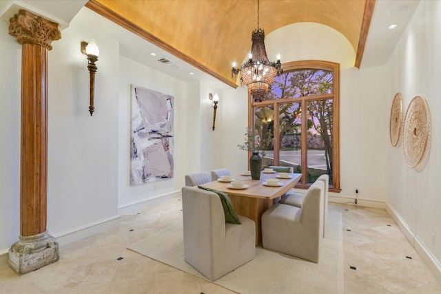 4646 Rockcliff Rd, Austin, TX 78746 - tiled dining room featuring a chandelier, vaulted ceiling, recessed lighting, and decorative columns