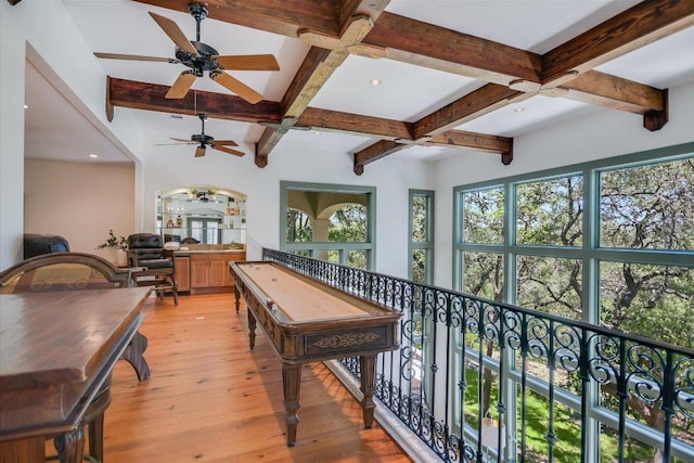 4646 Rockcliff Rd, Austin, TX 78746 - game room featuring beamed ceiling, a ceiling fan, coffered ceiling, light wood-style flooring, and recessed lighting
