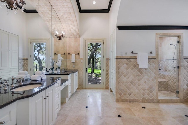 4646 Rockcliff Rd, Austin, TX 78746 - full bath with a high ceiling, vanity, plenty of natural light, a shower stall, and ornamental molding