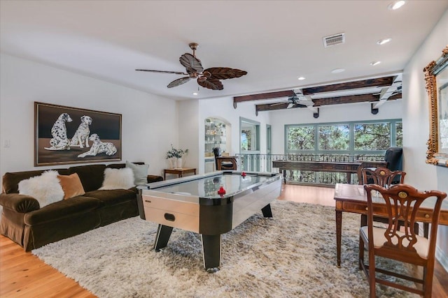 4646 Rockcliff Rd, Austin, TX 78746 - rec room with ceiling fan, wood finished floors, recessed lighting, and beam ceiling