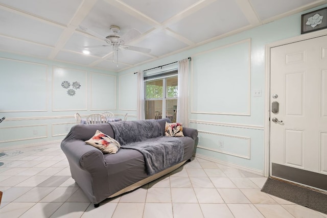2450 Ashdale Dr Unit D-206, Austin, TX 78757 - living area with a decorative wall, coffered ceiling, ceiling fan, and light tile patterned floors