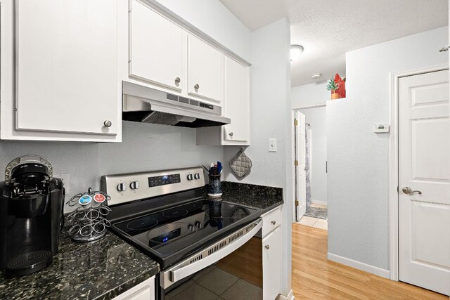 2450 Ashdale Dr Unit B-211, Austin, TX 78757 - kitchen featuring stainless steel range with electric stovetop, baseboards, light wood finished floors, under cabinet range hood, and white cabinetry