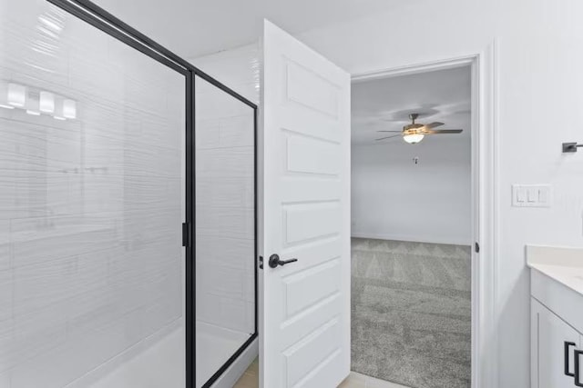 13320 Lapoynor St, Manor, TX 78653 - bathroom with a ceiling fan, a stall shower, and vanity