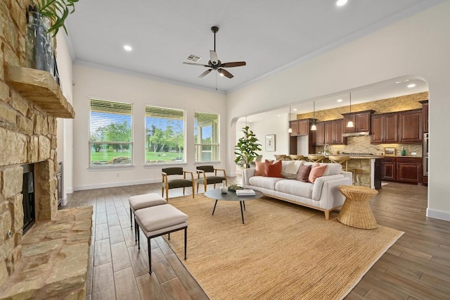 2204 High Lonesome, Leander, TX 78641 - living area with ceiling fan, dark wood-type flooring, ornamental molding, recessed lighting, and a fireplace