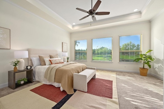 2204 High Lonesome, Leander, TX 78641 - bedroom featuring ornamental molding, a tray ceiling, carpet, baseboards, and recessed lighting