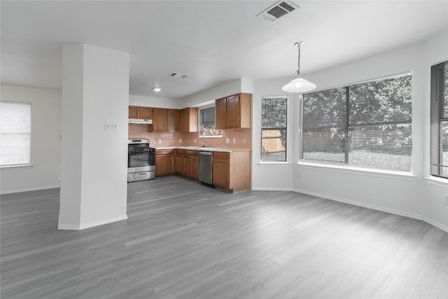 15406 Ecorio Dr, Austin, TX 78728 - kitchen featuring appliances with stainless steel finishes, under cabinet range hood, healthy amount of natural light, and wood finished floors