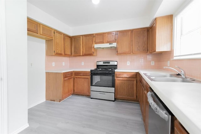 15406 Ecorio Dr, Austin, TX 78728 - kitchen featuring stainless steel appliances, a sink, under cabinet range hood, and decorative backsplash