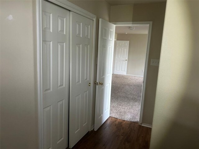 corridor with dark colored carpet and dark wood-type flooring