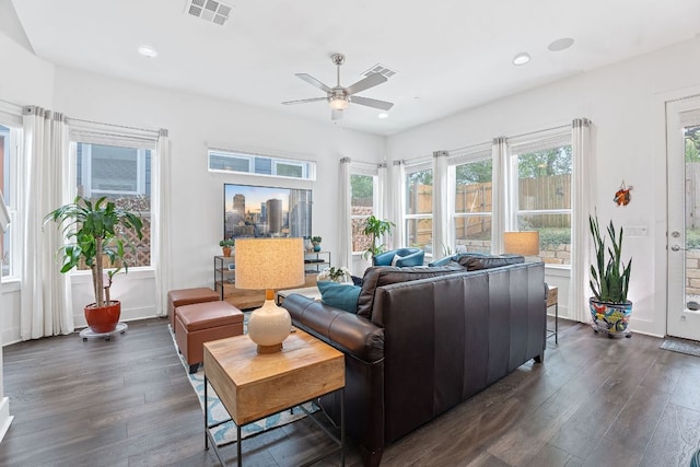 8922 Menchaca Rd Unit 204, Austin, TX 78748 - living room with dark wood-style floors, a ceiling fan, and recessed lighting