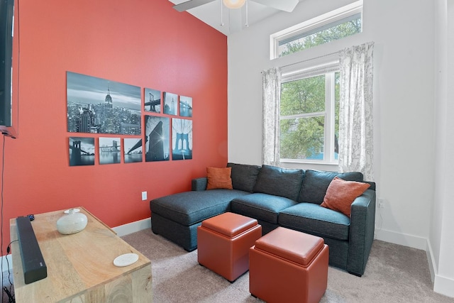 8922 Menchaca Rd Unit 204, Austin, TX 78748 - living room with carpet flooring, a ceiling fan, baseboards, and a towering ceiling