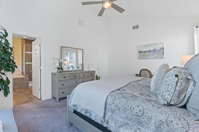 bedroom featuring high vaulted ceiling, carpet flooring, visible vents, and ceiling fan