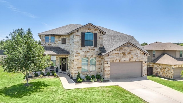 18003 Linkhill Dr, Dripping Springs, TX 78620 - french country inspired facade featuring an attached garage, stone siding, concrete driveway, a front yard, and roof with shingles