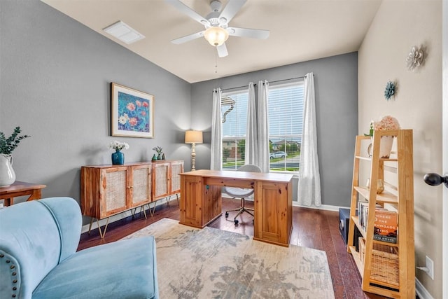 18003 Linkhill Dr, Dripping Springs, TX 78620 - office area featuring dark wood finished floors, ceiling fan, and baseboards