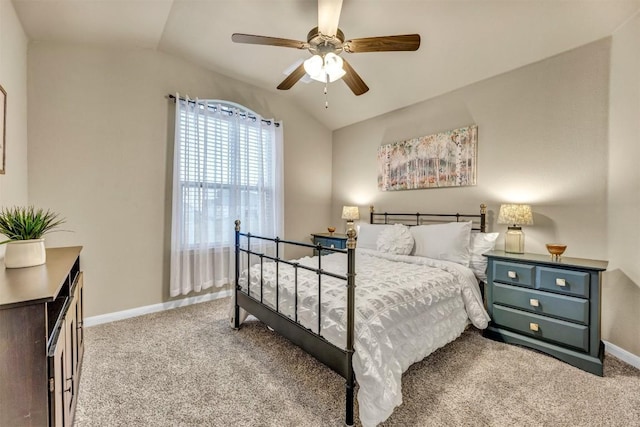 18003 Linkhill Dr, Dripping Springs, TX 78620 - bedroom featuring vaulted ceiling, carpet, baseboards, and ceiling fan