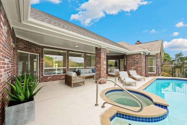 8316 Talbot Ln, Austin, TX 78746 - view of swimming pool featuring an outdoor hangout area, a patio area, and a pool with connected hot tub