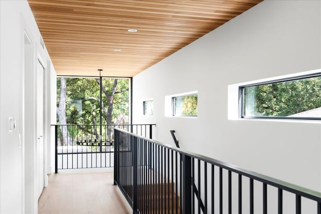 3313 Bonnie Rd, Austin, TX 78703 - hall with wooden ceiling, wood finished floors, recessed lighting, and a wall of windows