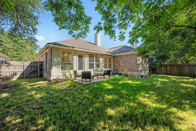 5216 Trading Bnd, Austin, TX 78735 - back of house with an outdoor living space, brick siding, a chimney, and a patio