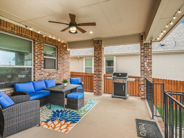 2733 Painted Sky Bnd, Leander, TX 78641 - view of patio with area for grilling, an outdoor living space, and a ceiling fan