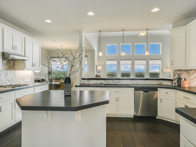 2733 Painted Sky Bnd, Leander, TX 78641 - kitchen with stainless steel appliances, dark countertops, under cabinet range hood, backsplash, and recessed lighting
